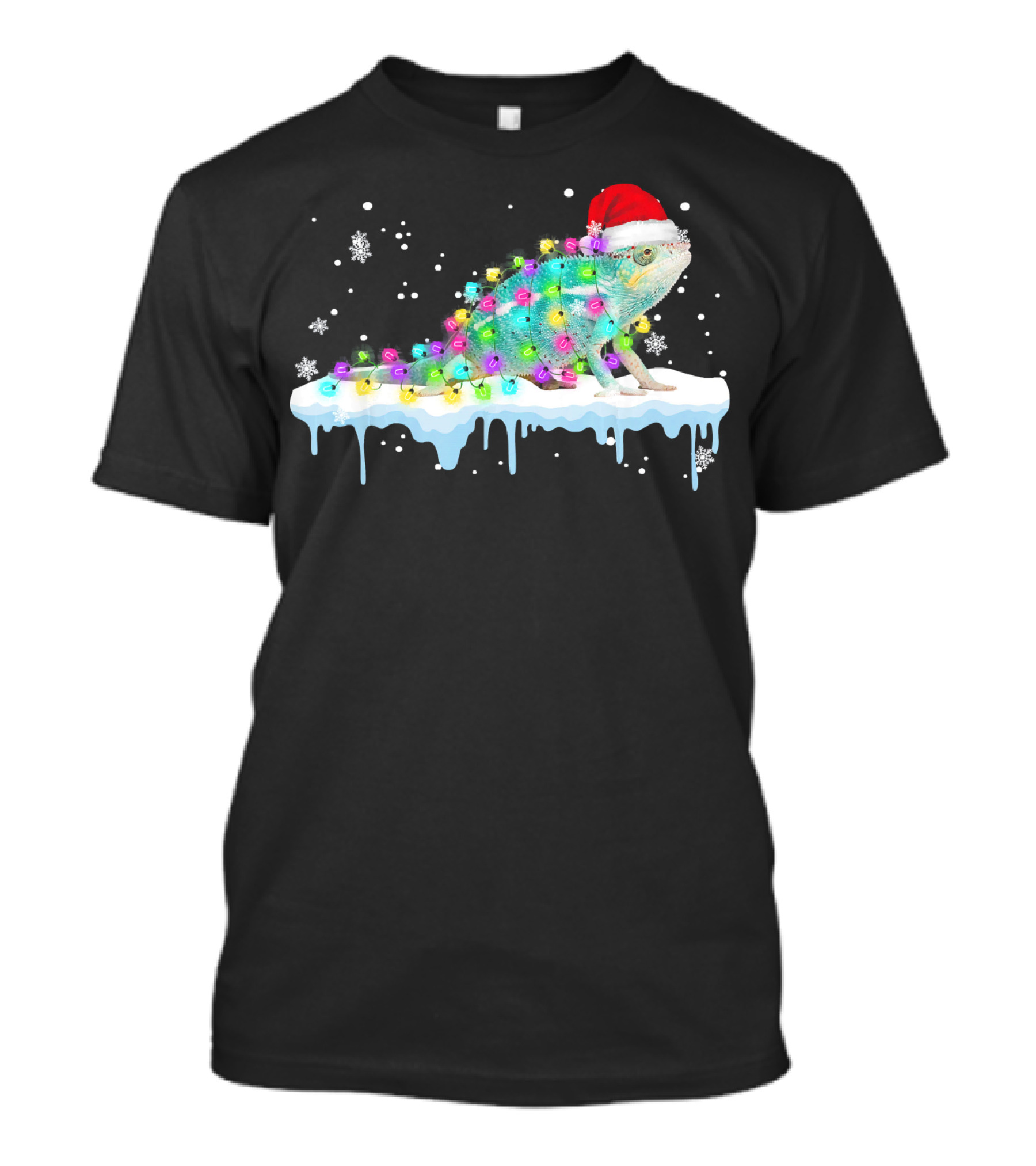 Chameleon Wrapped In Christmas Lights Wearing Santa Hat On Snow With Snowflakes T-Shirt