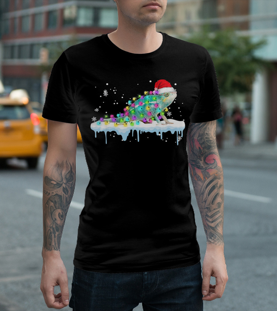 Chameleon Wrapped In Christmas Lights Wearing Santa Hat On Snow With Snowflakes T-Shirt