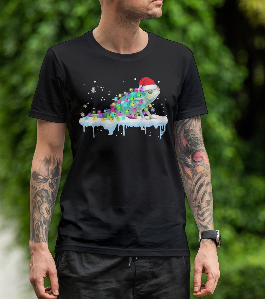 Chameleon Wrapped In Christmas Lights Wearing Santa Hat On Snow With Snowflakes T-Shirt