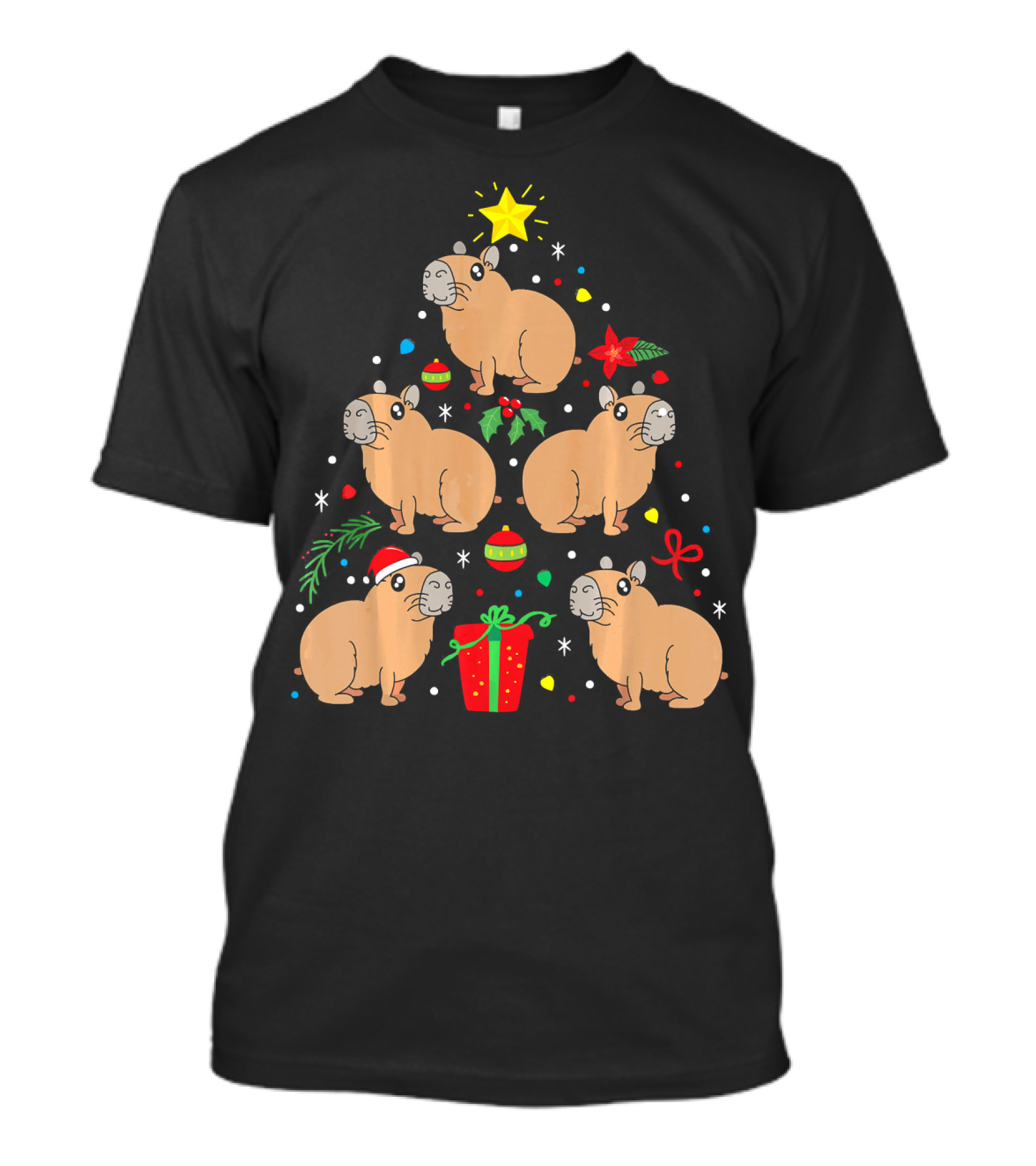 Capybara Christmas Ornament Tree Star Holly Gifts Bows T-Shirt