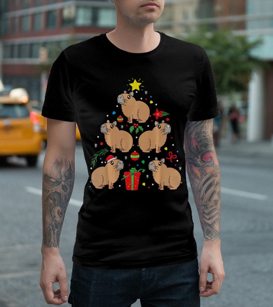 Capybara Christmas Ornament Tree Star Holly Gifts Bows T-Shirt