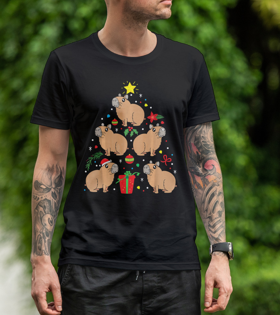 Capybara Christmas Ornament Tree Star Holly Gifts Bows T-Shirt