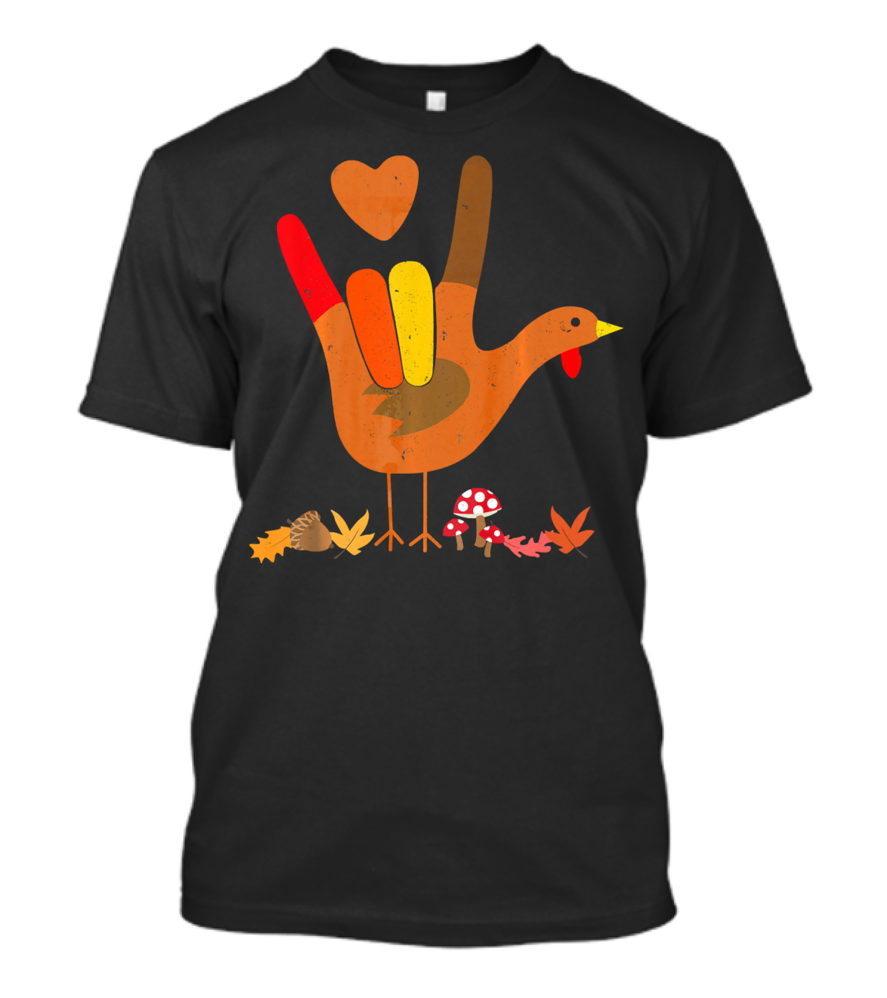 ASL I Love You Thanksgiving Turkey With Autumn Leaves And Heart T-Shirt