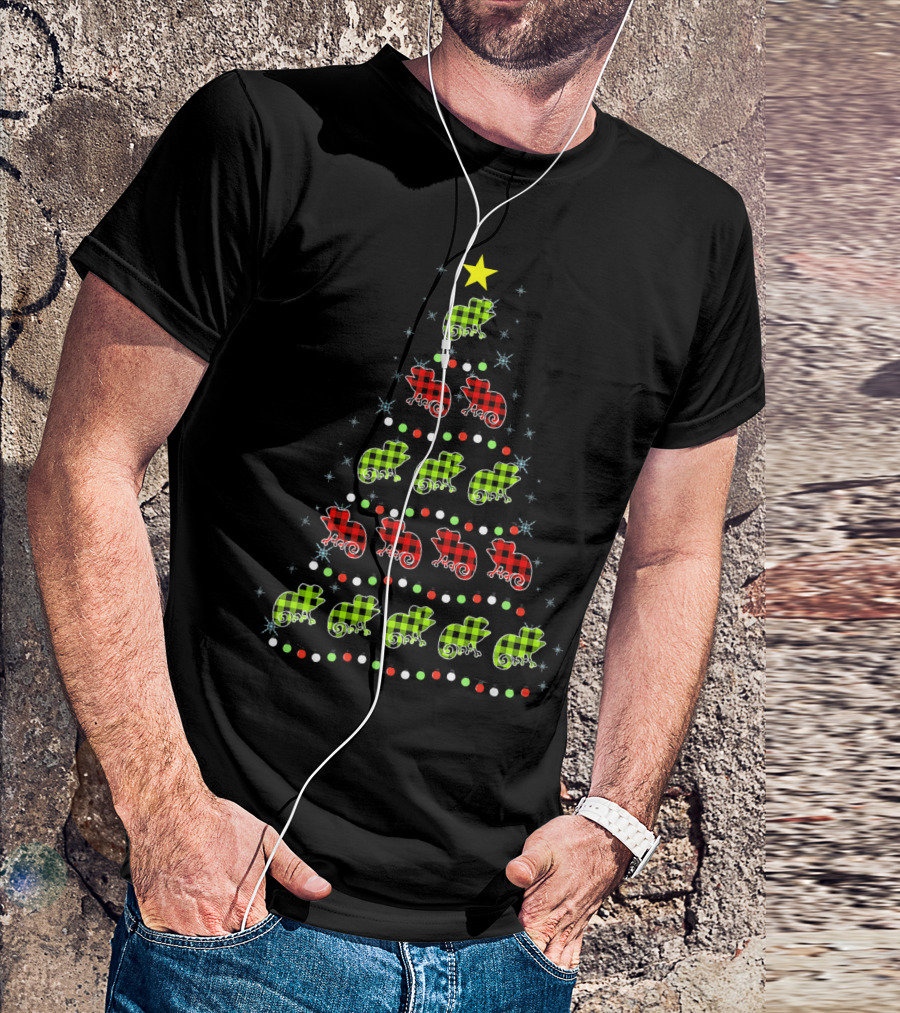 Chameleon Christmas Tree Red Green Plaid Star Decor T-Shirt