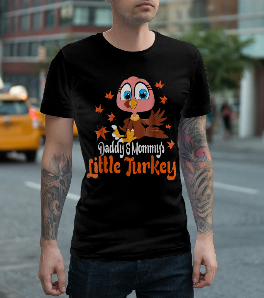 Daddy and Mommy's Little Turkey with Cute Cartoon and Autumn Leaves T-Shirt