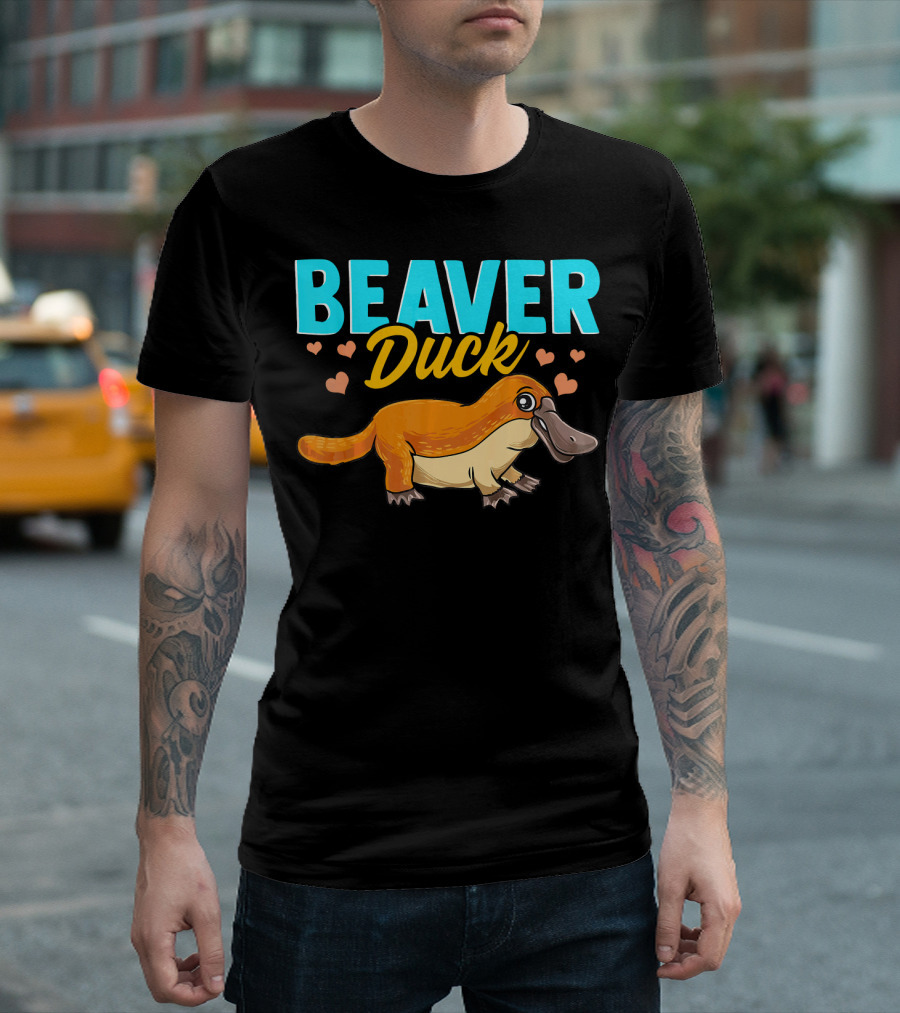 Beaver Duck Platypus Pun Cute Hearts T-Shirt
