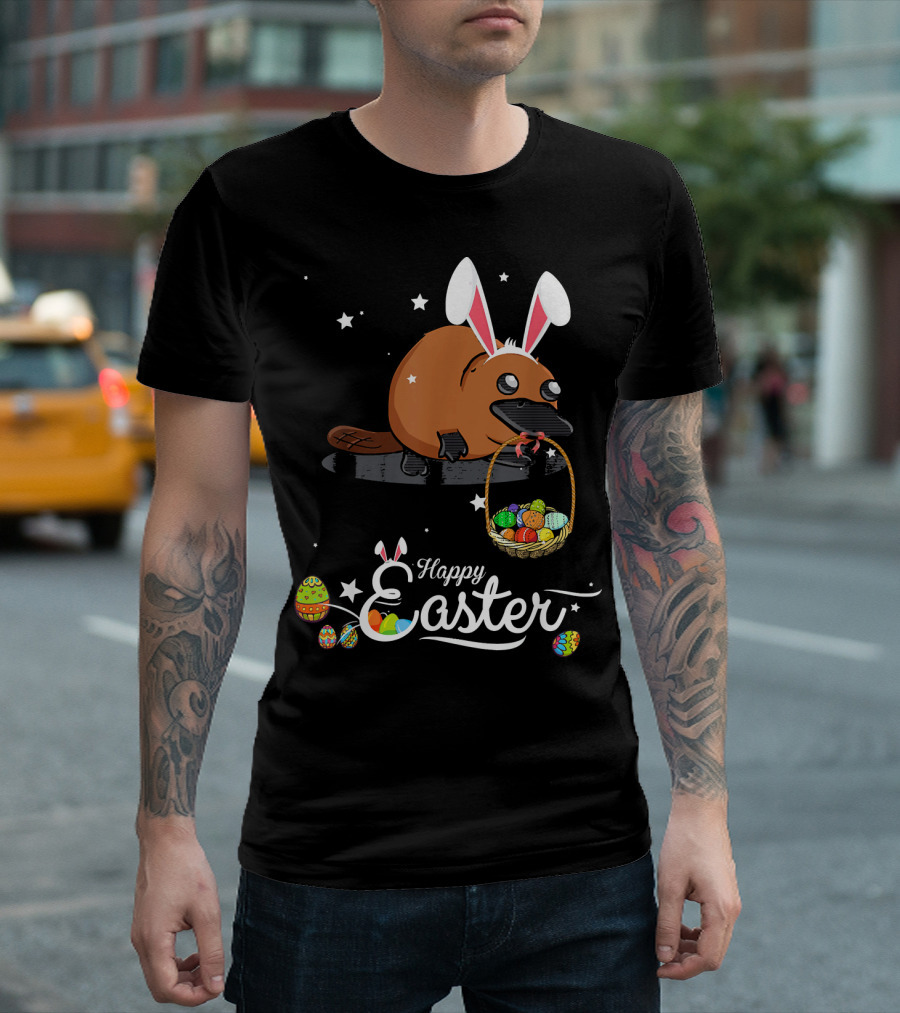 Happy Easter Platypus with Bunny Ears and Basket of Eggs T-Shirt