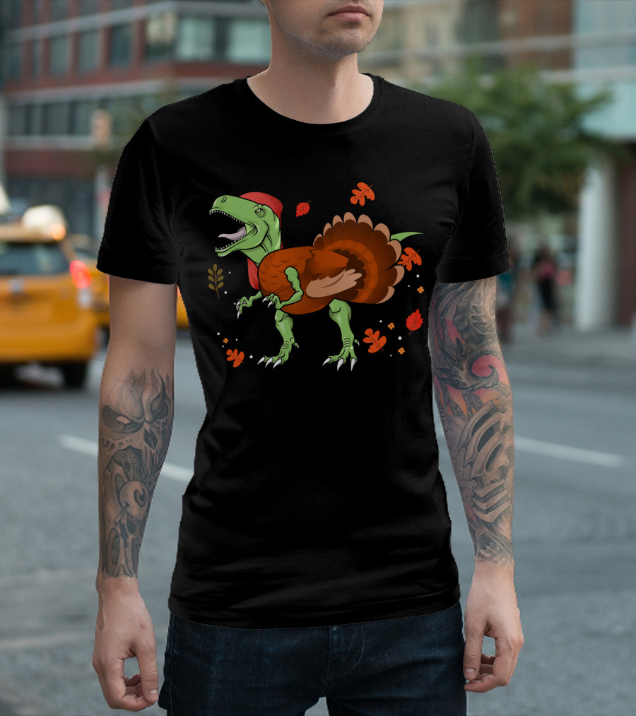 T-Rex Thanksgiving Turkey With Fall Leaves T-Shirt