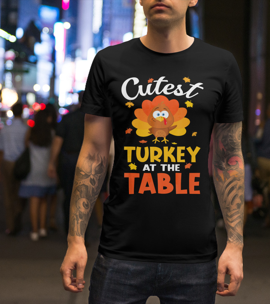 Cutest Turkey At The Table Thanksgiving Cartoon Turkey With Leaves T-Shirt