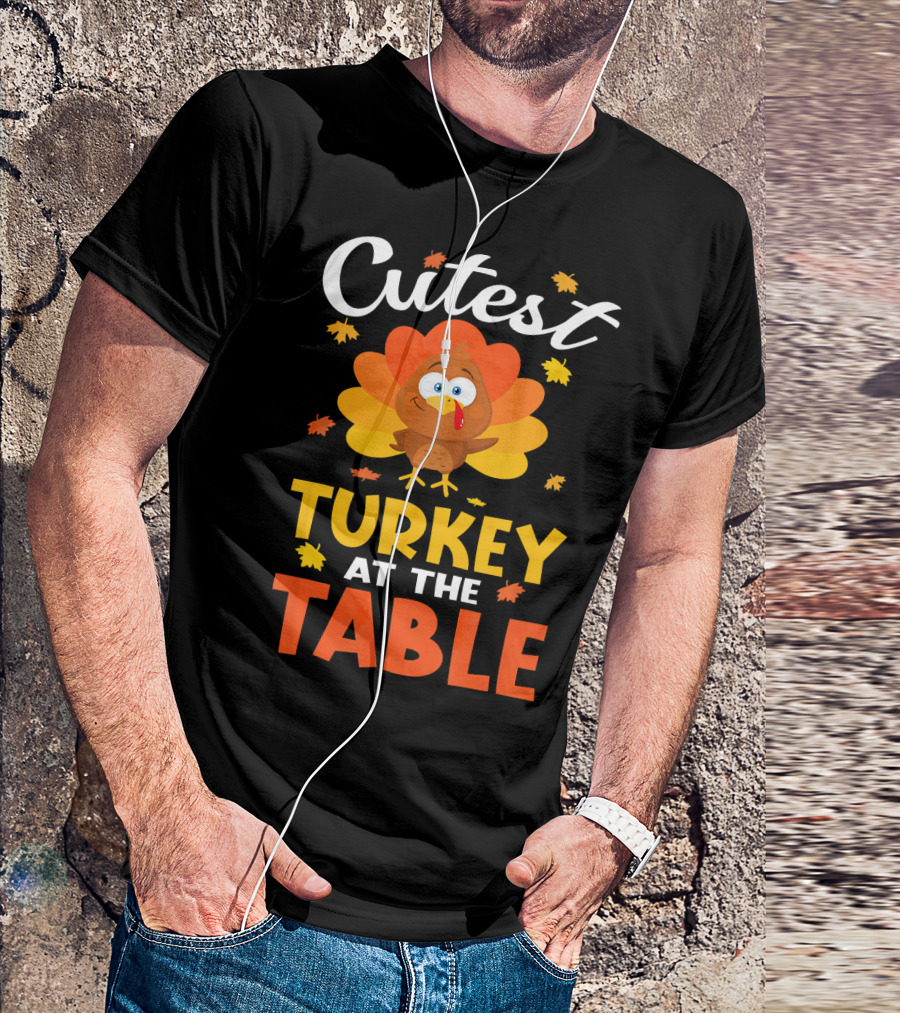 Cutest Turkey At The Table Thanksgiving Cartoon Turkey With Leaves T-Shirt