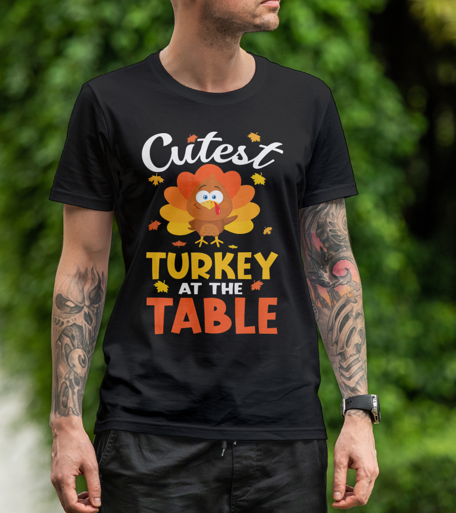 Cutest Turkey At The Table Thanksgiving Cartoon Turkey With Leaves T-Shirt