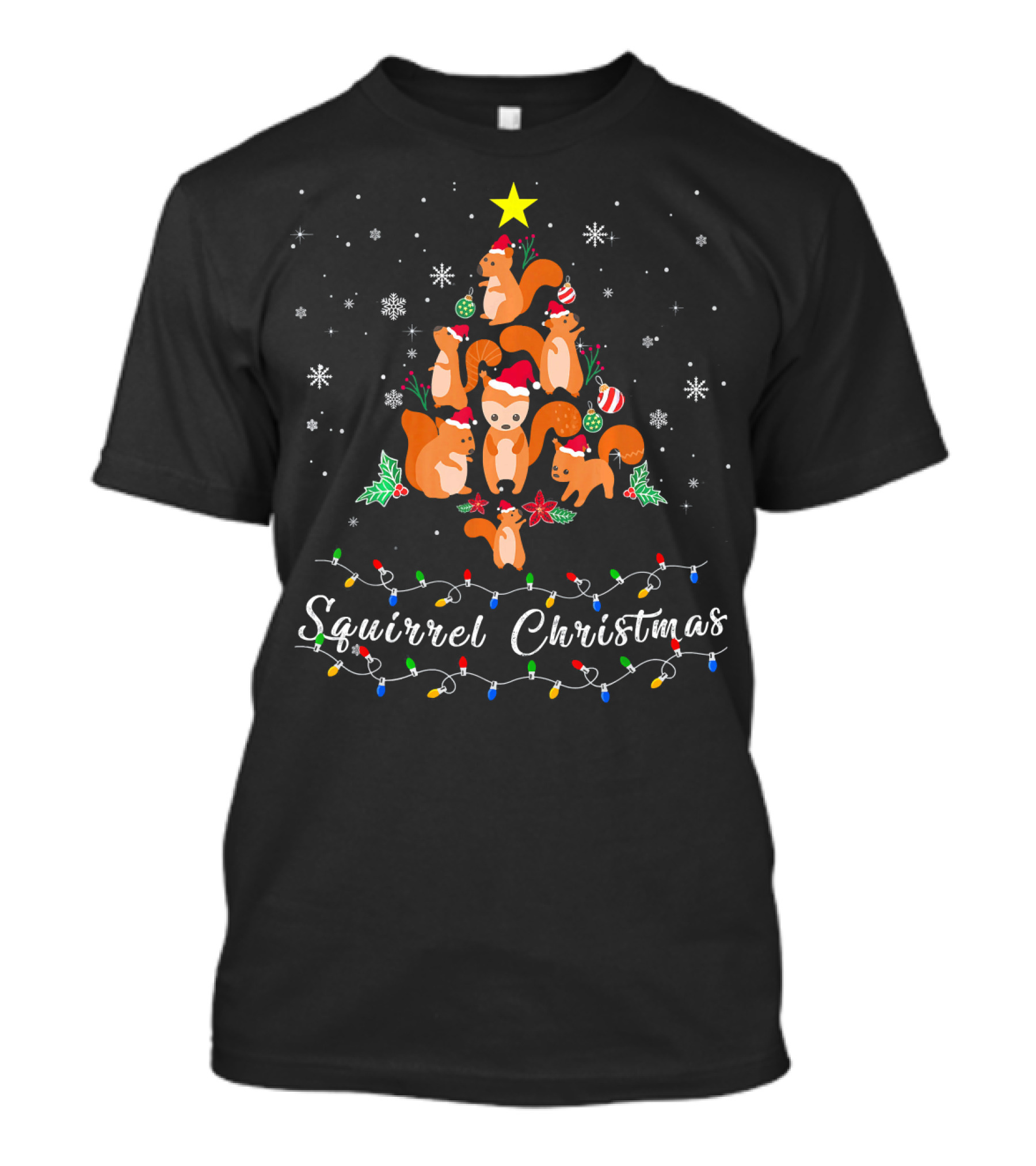 Squirrel Christmas Tree With Santa Hats And Snowflakes T-Shirt