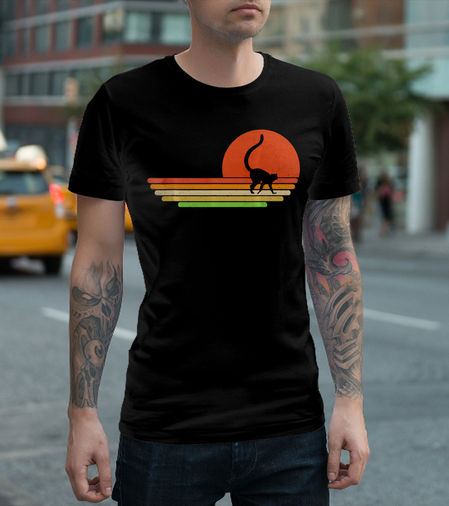 Sunset Lemur Silhouette Pastel Stripes Retro T-Shirt