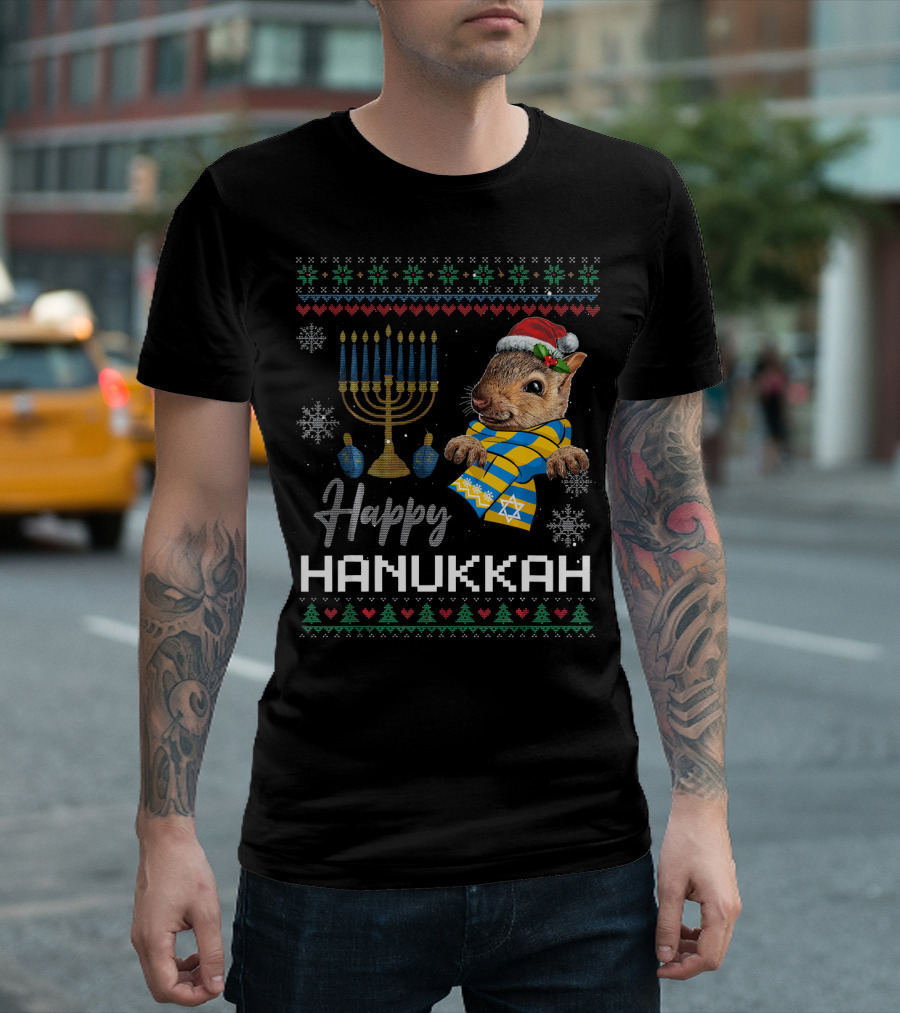 Happy Hanukkah Squirrel with Menorah and Santa Hat T-Shirt