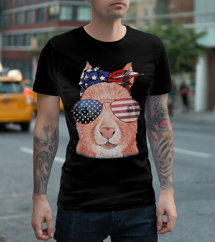 Funny Squirrel In Patriotic American Flag Bandana And Sunglasses T-Shirt