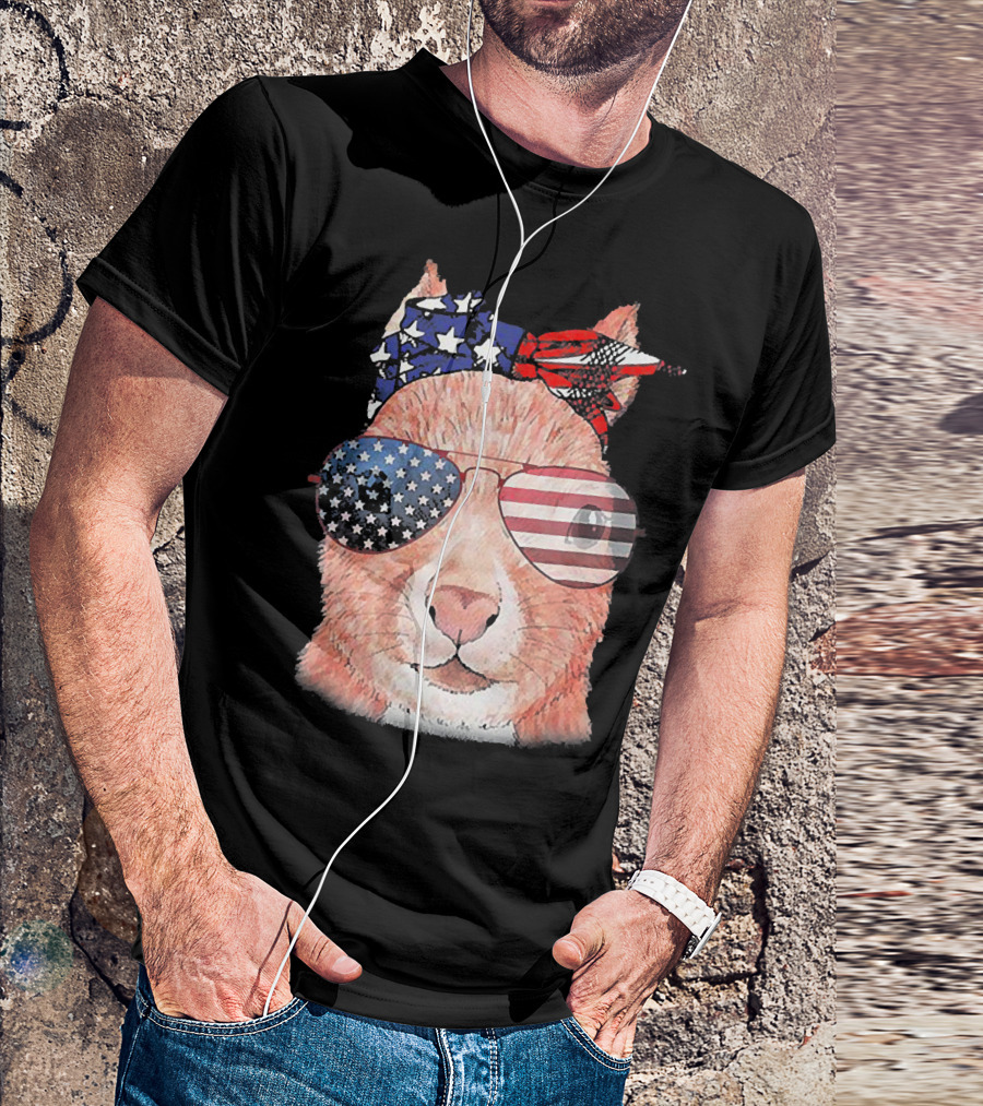 Funny Squirrel In Patriotic American Flag Bandana And Sunglasses T-Shirt