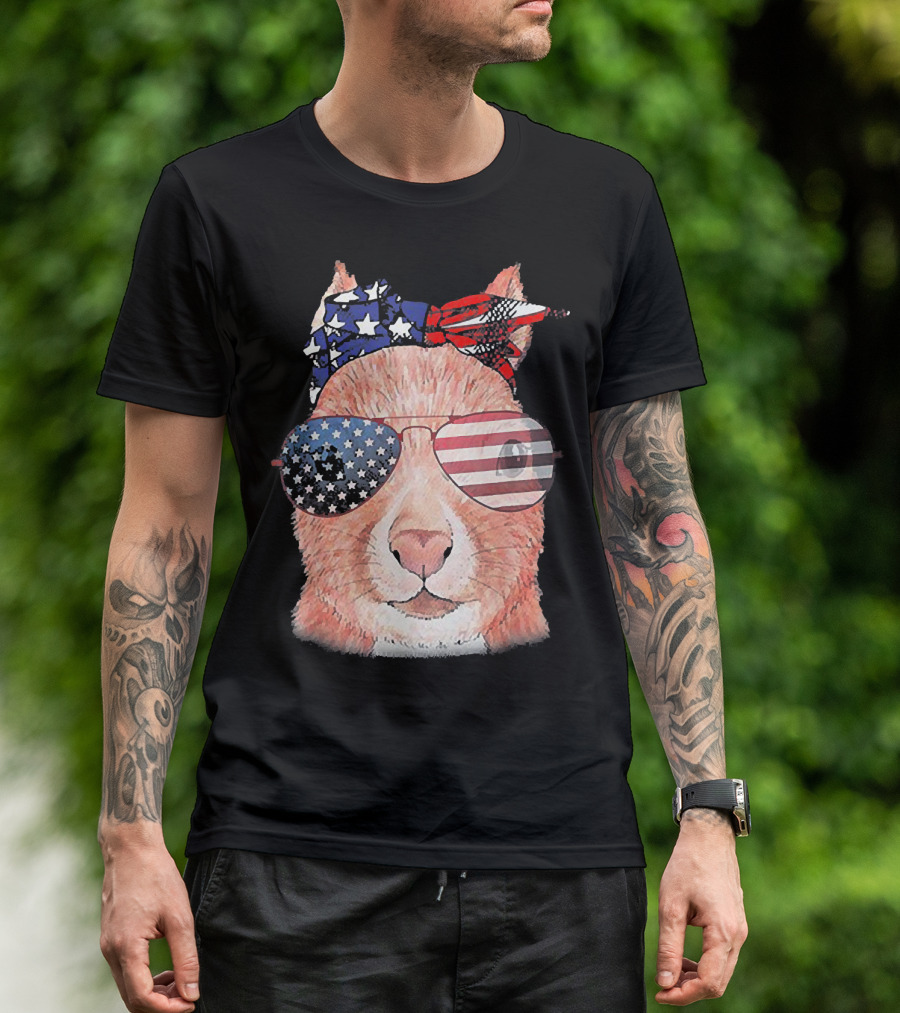 Funny Squirrel In Patriotic American Flag Bandana And Sunglasses T-Shirt