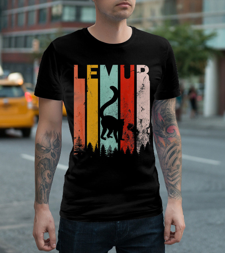 Lemur Lover Vintage Retro Style Silhouette Forest Stripes T-Shirt