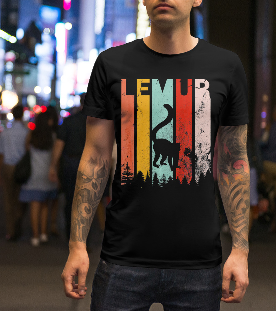 Lemur Lover Vintage Retro Style Silhouette Forest Stripes T-Shirt