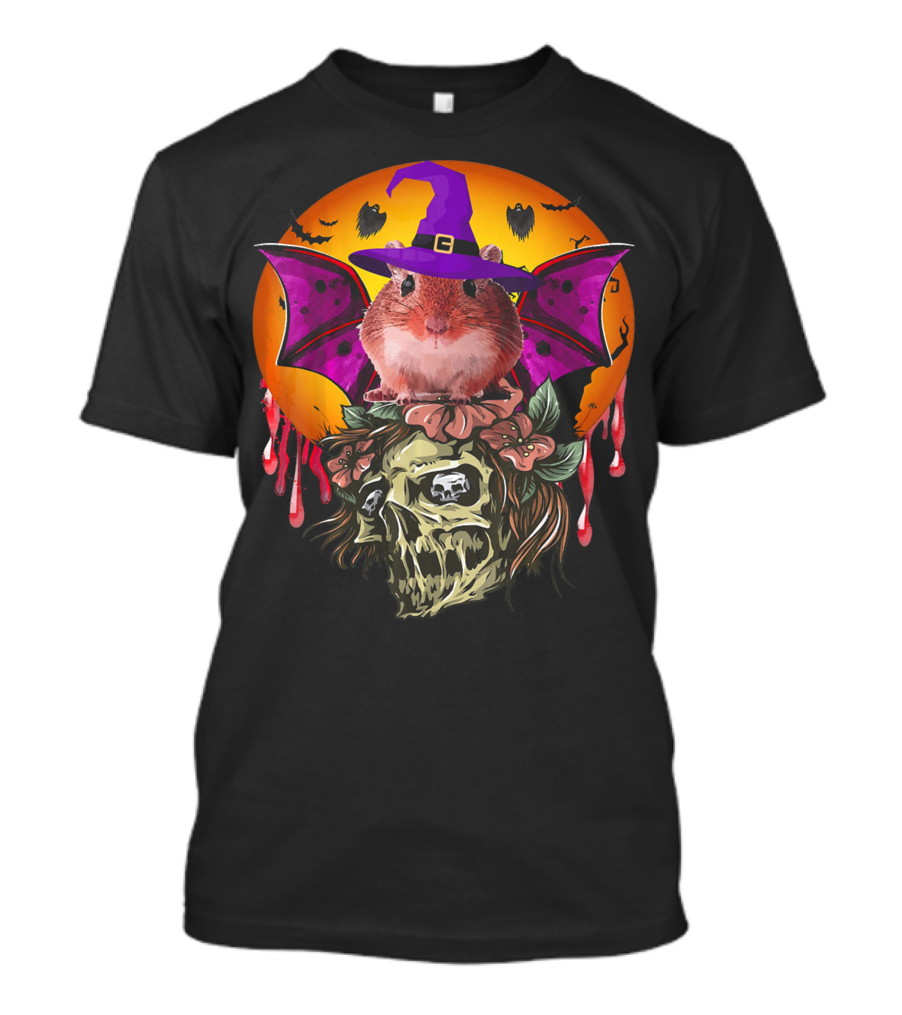 Witch Hat Gerbil Bat On Skull With Halloween Background T-Shirt