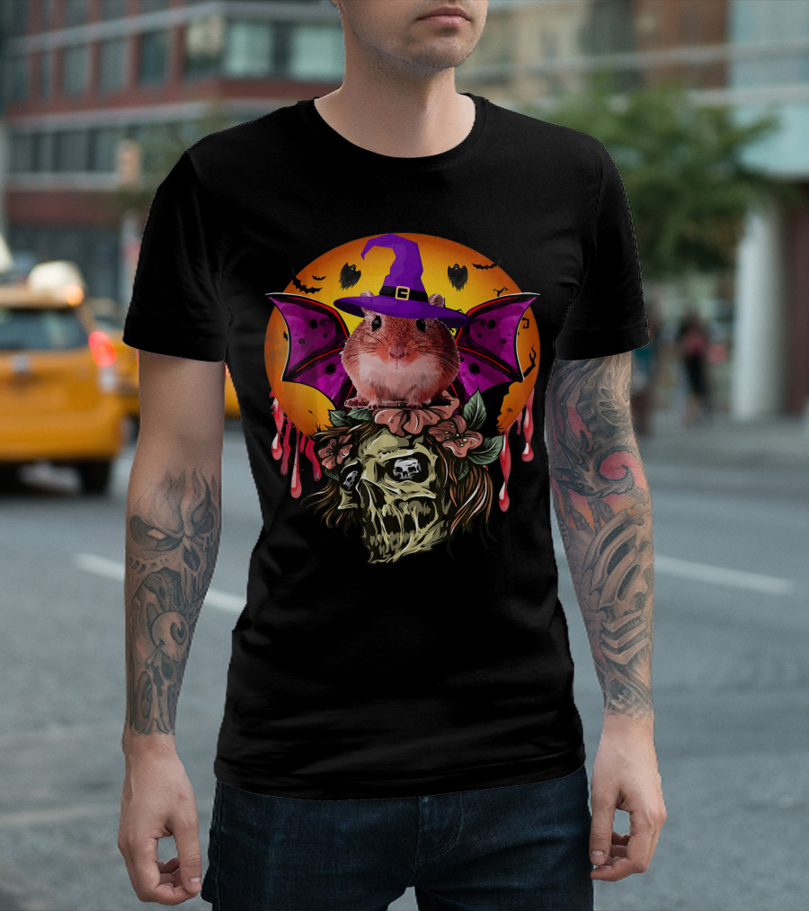 Witch Hat Gerbil Bat On Skull With Halloween Background T-Shirt