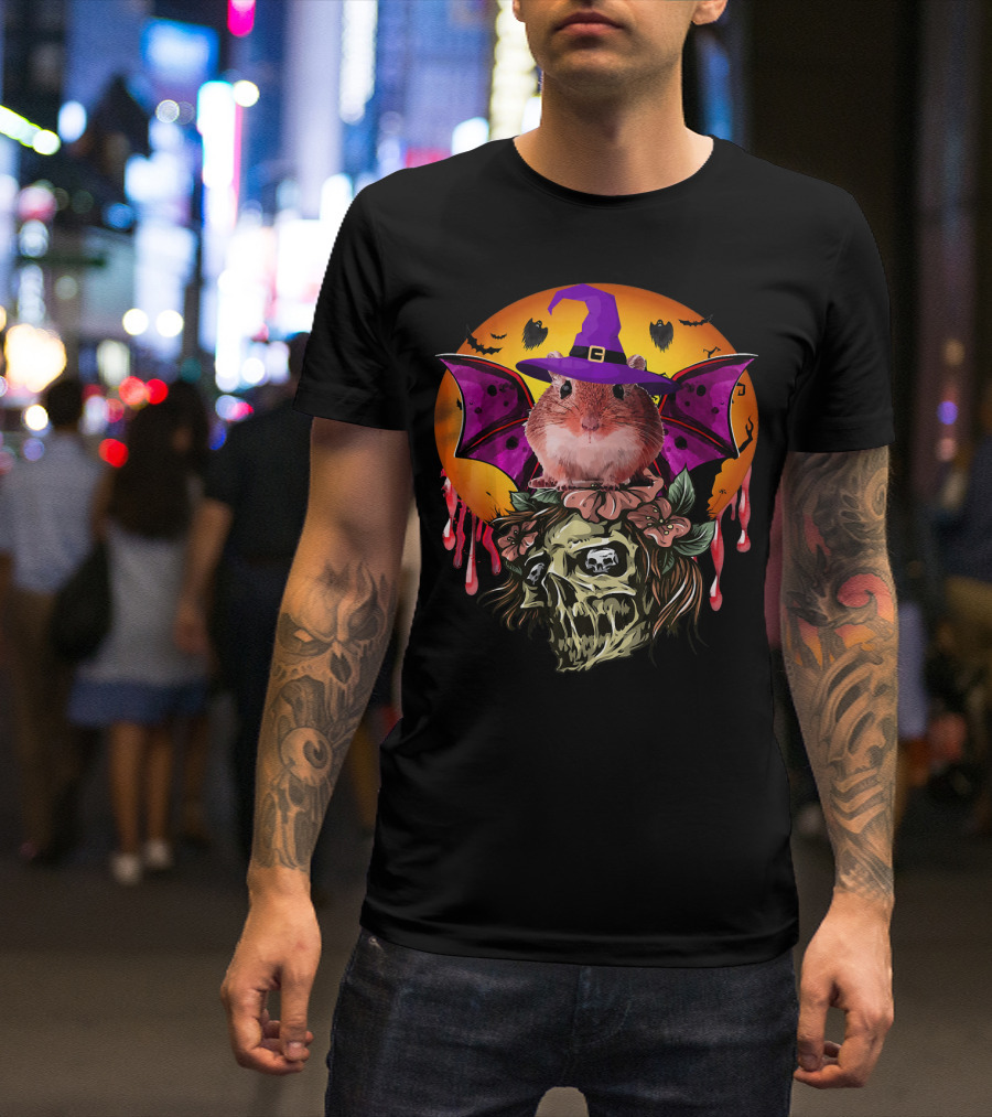 Witch Hat Gerbil Bat On Skull With Halloween Background T-Shirt