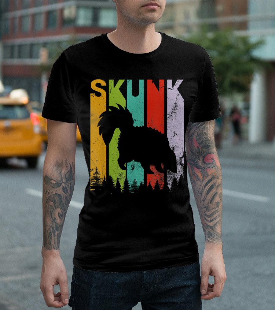 Skunk Vintage Retro Style Silhouette Forest Stripes T-Shirt
