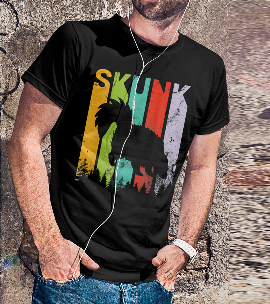 Skunk Vintage Retro Style Silhouette Forest Stripes T-Shirt
