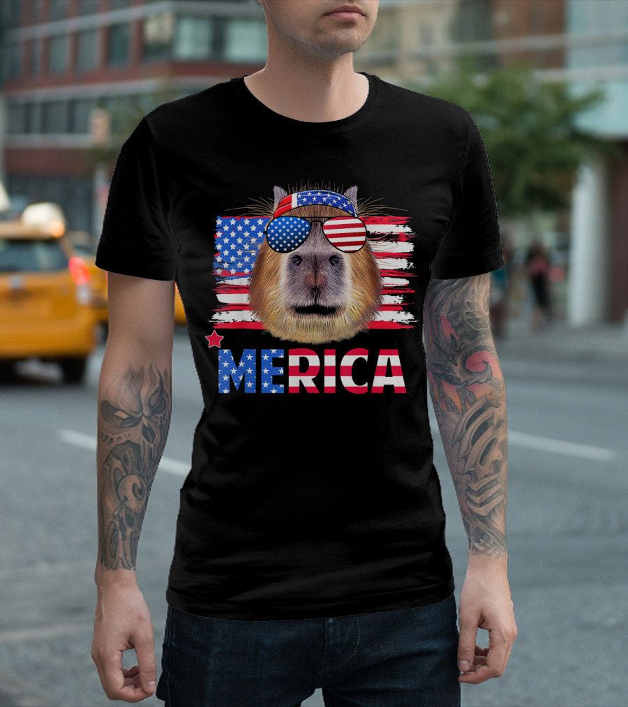 Merica Capybara With American Flag Sunglasses T-Shirt