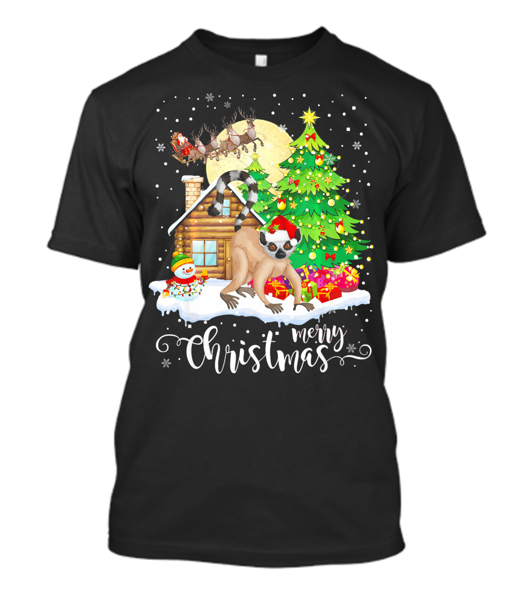 Merry Christmas Funny Cute Lemur Lover With Santa Sleigh And Christmas Tree T-Shirt
