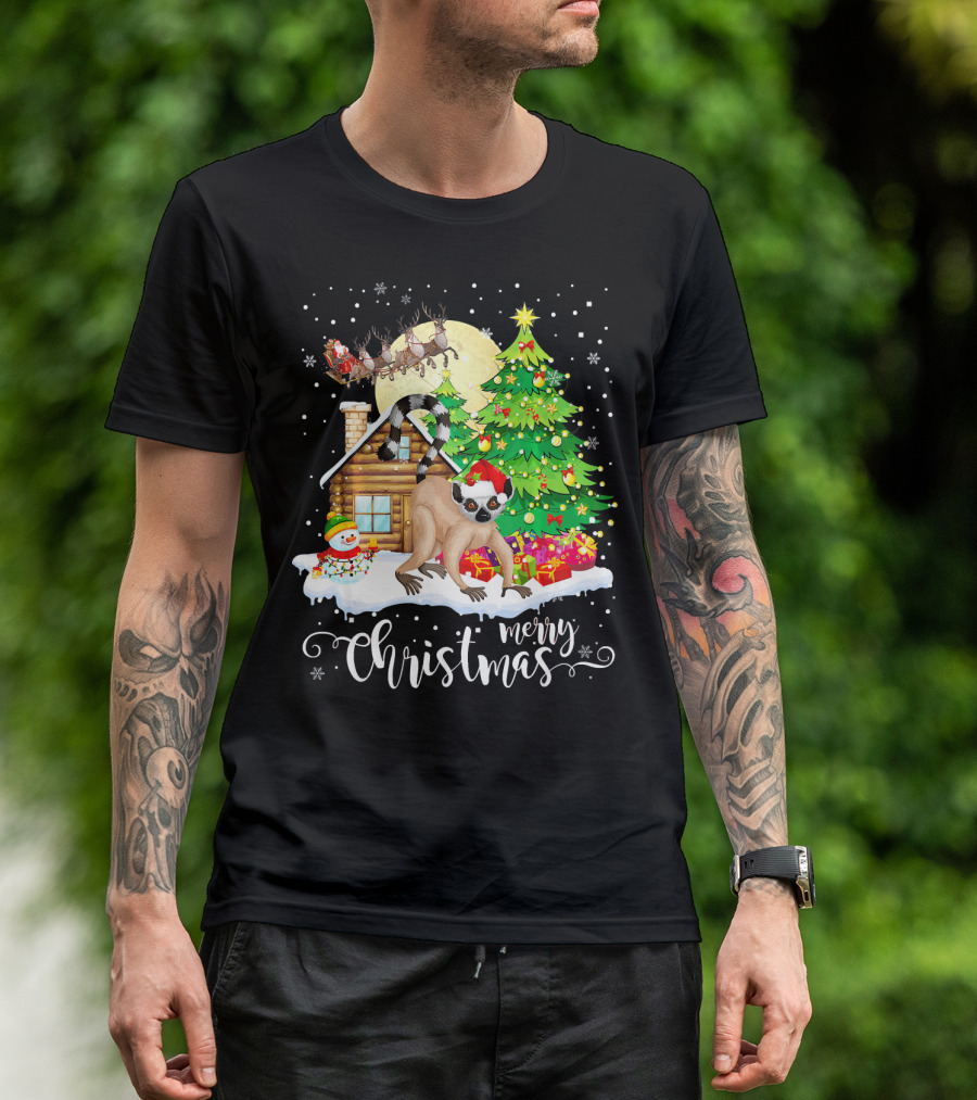 Merry Christmas Funny Cute Lemur Lover With Santa Sleigh And Christmas Tree T-Shirt