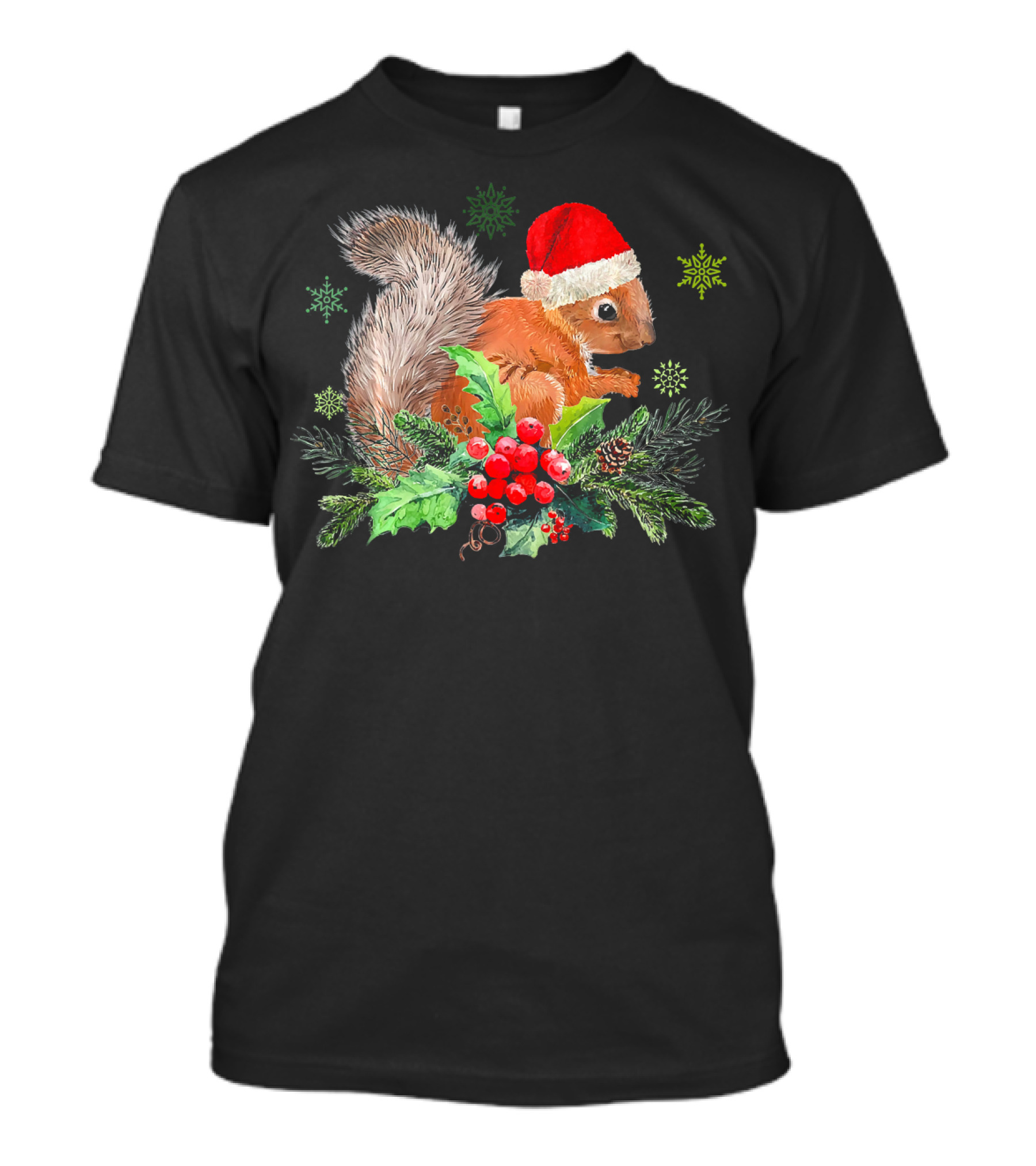 Squirrel In Santa Hat Christmas Holly Snowflakes T-Shirt