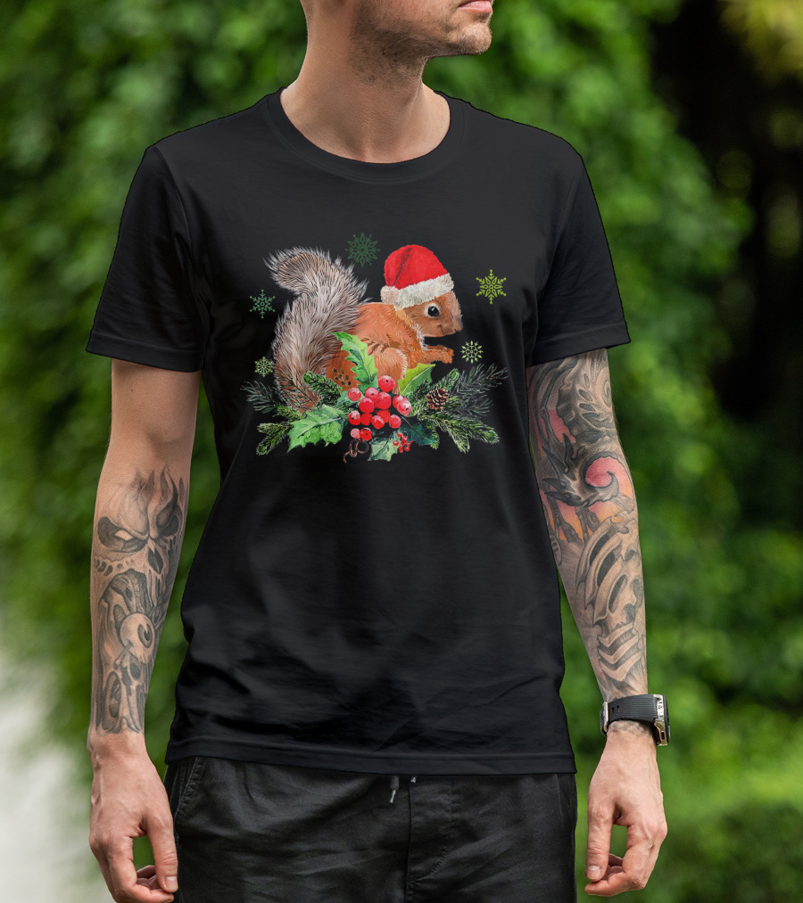 Squirrel In Santa Hat Christmas Holly Snowflakes T-Shirt