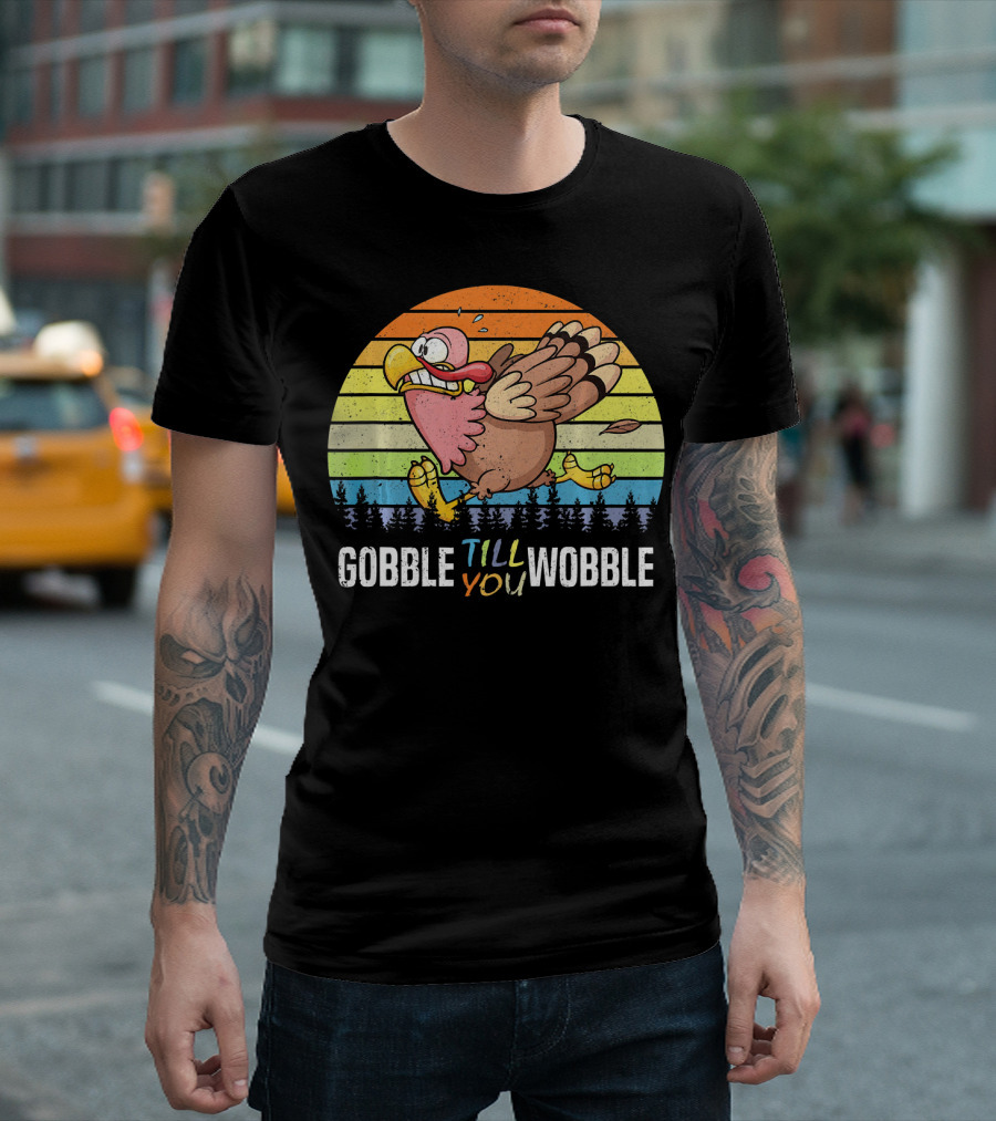 Gobble Till You Wobble Retro Turkey Running with Colorful Stripes T-Shirt