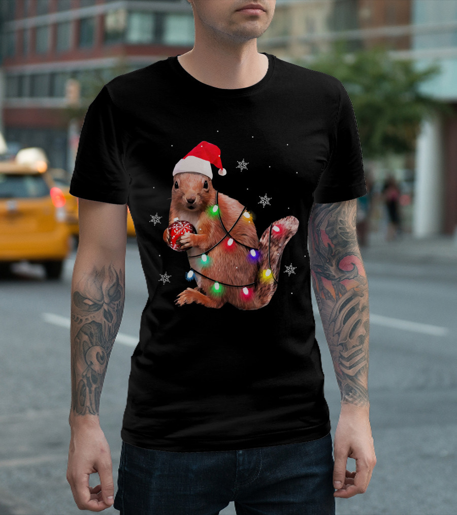Funny Squirrel Christmas Ornaments Santa Hat Lights Snowflakes T-Shirt