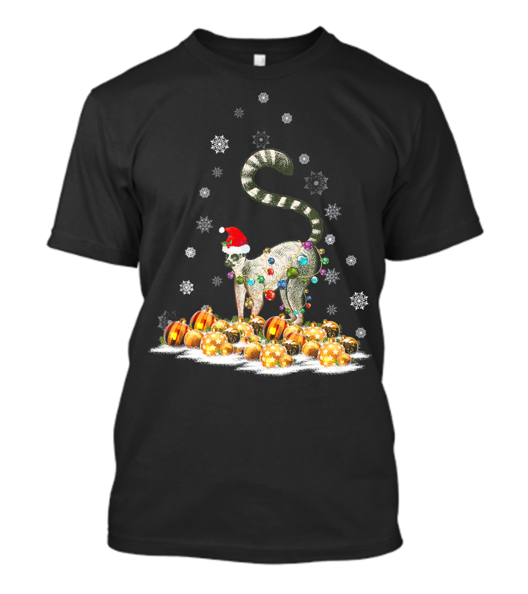 Funny Cute Lemur In Santa Hat With Christmas Lights And Snowflakes T-Shirt