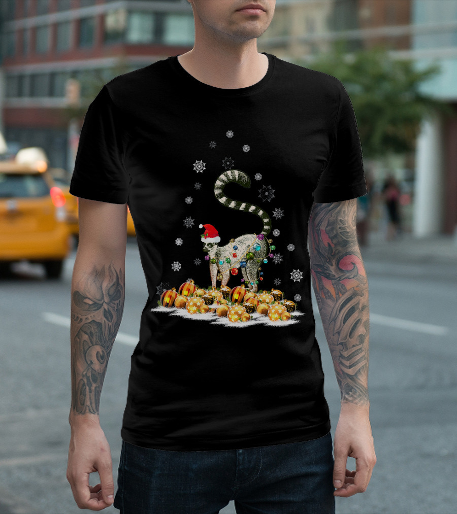 Funny Cute Lemur In Santa Hat With Christmas Lights And Snowflakes T-Shirt