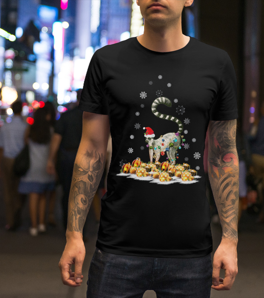 Funny Cute Lemur In Santa Hat With Christmas Lights And Snowflakes T-Shirt