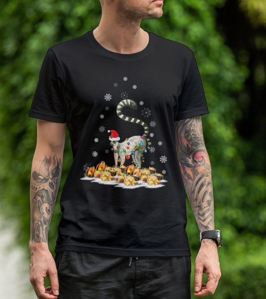 Funny Cute Lemur In Santa Hat With Christmas Lights And Snowflakes T-Shirt
