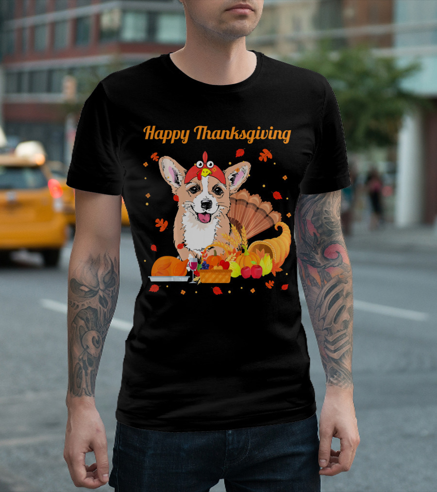 Happy Thanksgiving Corgi With Feast And Turkey Hat T-Shirt