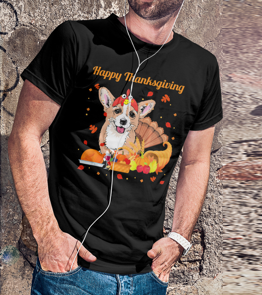 Happy Thanksgiving Corgi With Feast And Turkey Hat T-Shirt