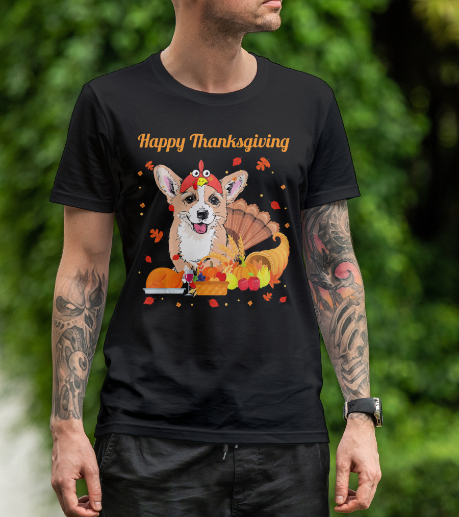 Happy Thanksgiving Corgi With Feast And Turkey Hat T-Shirt