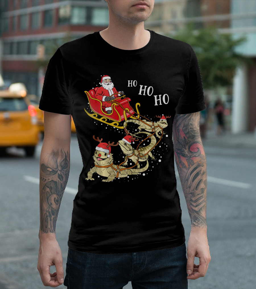 Funny Christmas Bearded Dragon Santa Sleigh Ho Ho Ho T-Shirt