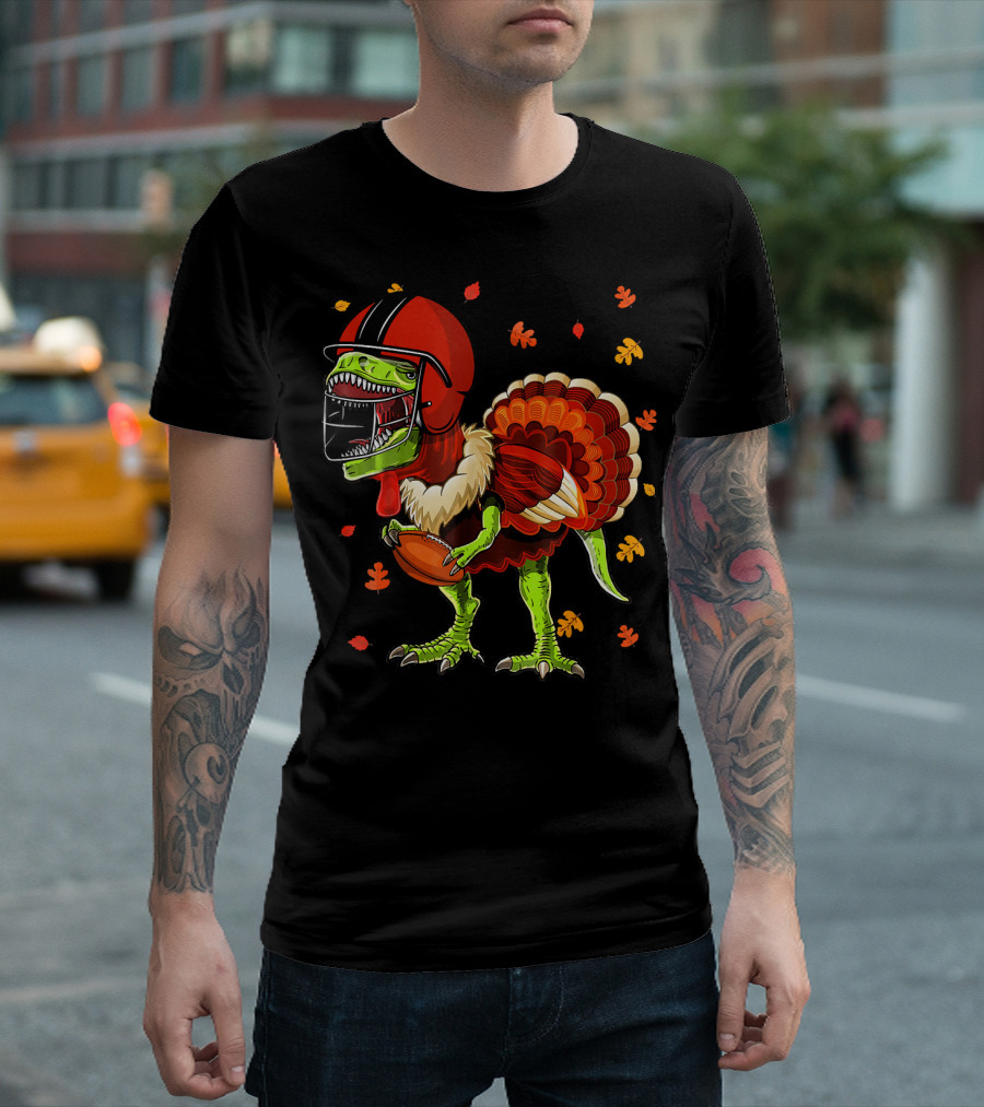 Football Rex Pilgrim Turkey Dinosaur Helmet Autumn Leaves T-Shirt