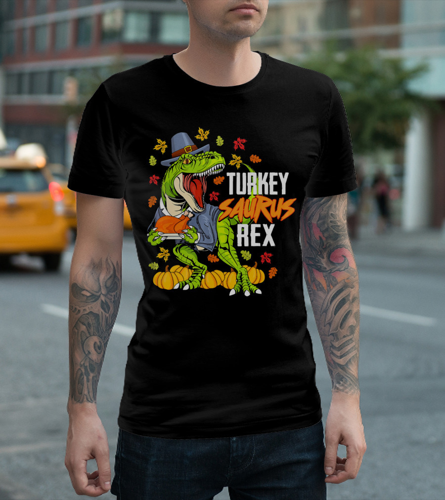 Thanksgiving Turkey Saurus Rex Dinosaur in Pilgrim Hat with Pumpkins and Leaves T-Shirt