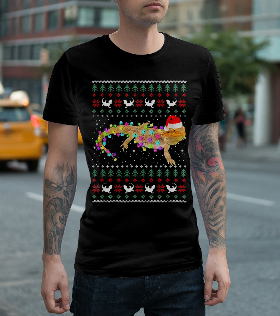 Bearded Dragon Christmas Lights Santa Hat Funny Festive T-Shirt