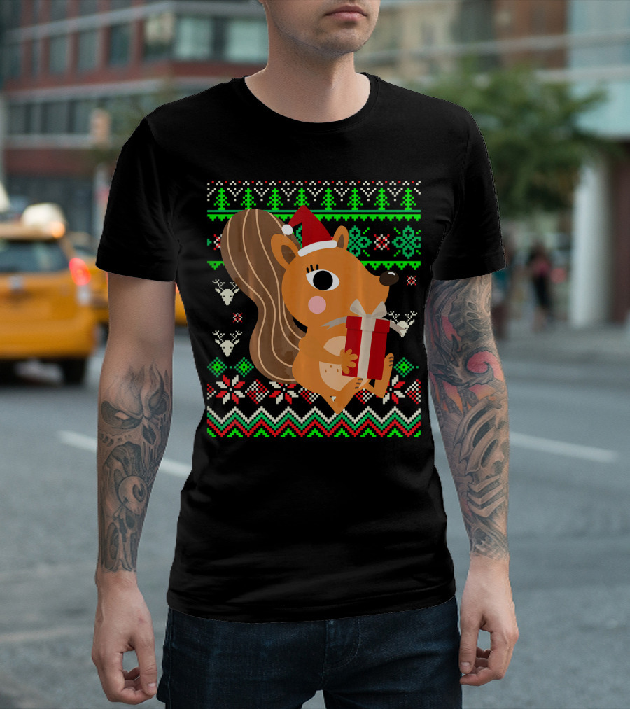 Forest Animal Christmas Squirrel Santa Hat Present Nordic T-Shirt
