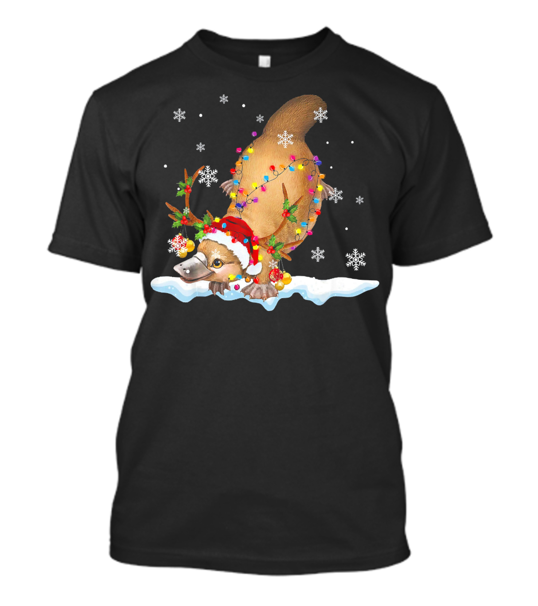 Funny Platypus Reindeer Christmas With Santa Hat And Holiday Lights On Snow With Falling Snowflakes T-Shirt