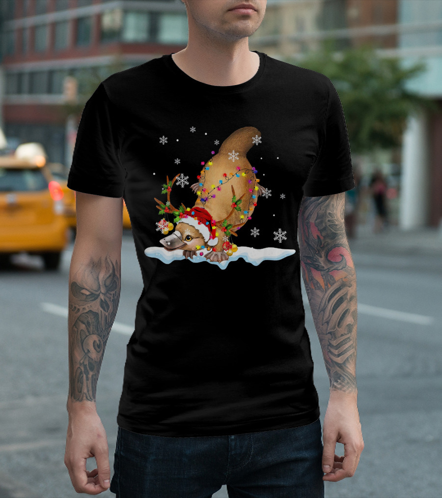 Funny Platypus Reindeer Christmas with Santa Hat and Holiday Lights on Snow with Falling Snowflakes T-Shirt