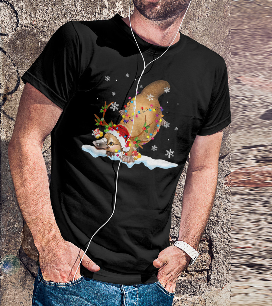 Funny Platypus Reindeer Christmas With Santa Hat And Holiday Lights On Snow With Falling Snowflakes T-Shirt